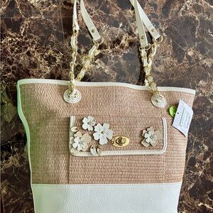 Liz Claiborne Elegant Floral Beige and White Tote Bag